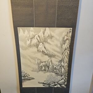 Japanese/Chinese Hanging Scroll Mountain Elegant Gray Mountain Landscape Tapestr